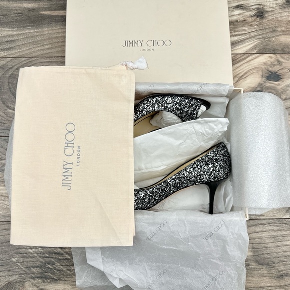 Jimmy Choo Isabel Coarse Glitter Fabric Silver/Black peep toe kitten heel EU 38 - Picture 12 of 14